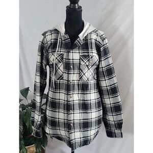Wrangler Authentics Mens Plaid Hooded Shirt Jacket Black White Quilted Lined